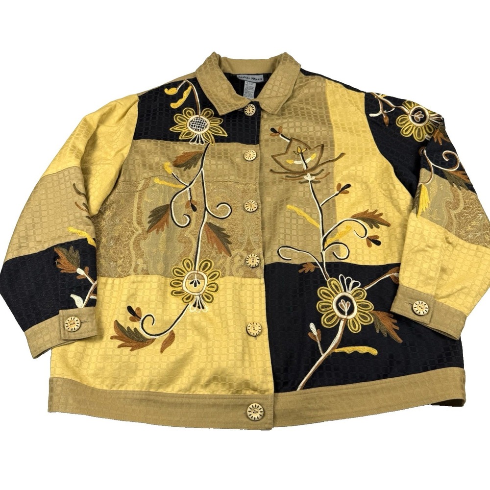 Indigo Moon Color Block Jacket Plus Size 1X Embroidery Fall Florals‎ Shacket